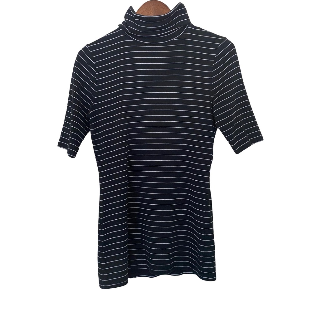 a.n.a A New Approach Women Turtleneck Top Large Black White Striped Elbow Sleeve